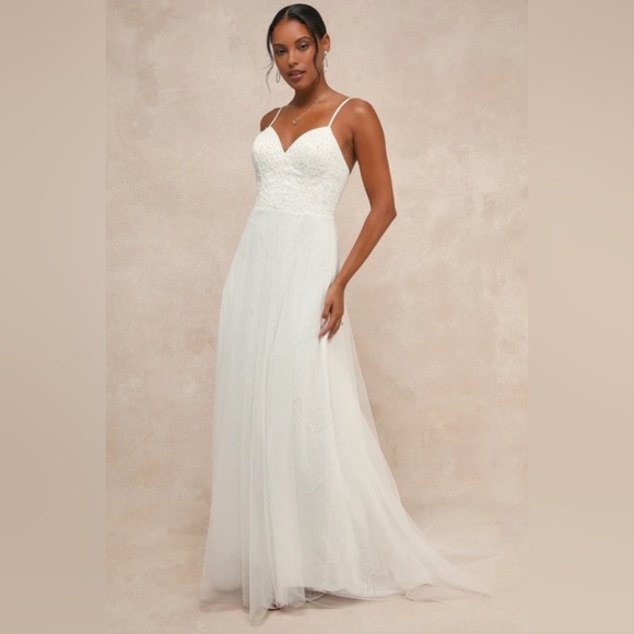 Lulus Dresses & Skirts - LULUS “Love Perfection” White Lace Tulle Beaded Wedding Dress, XS, NWT